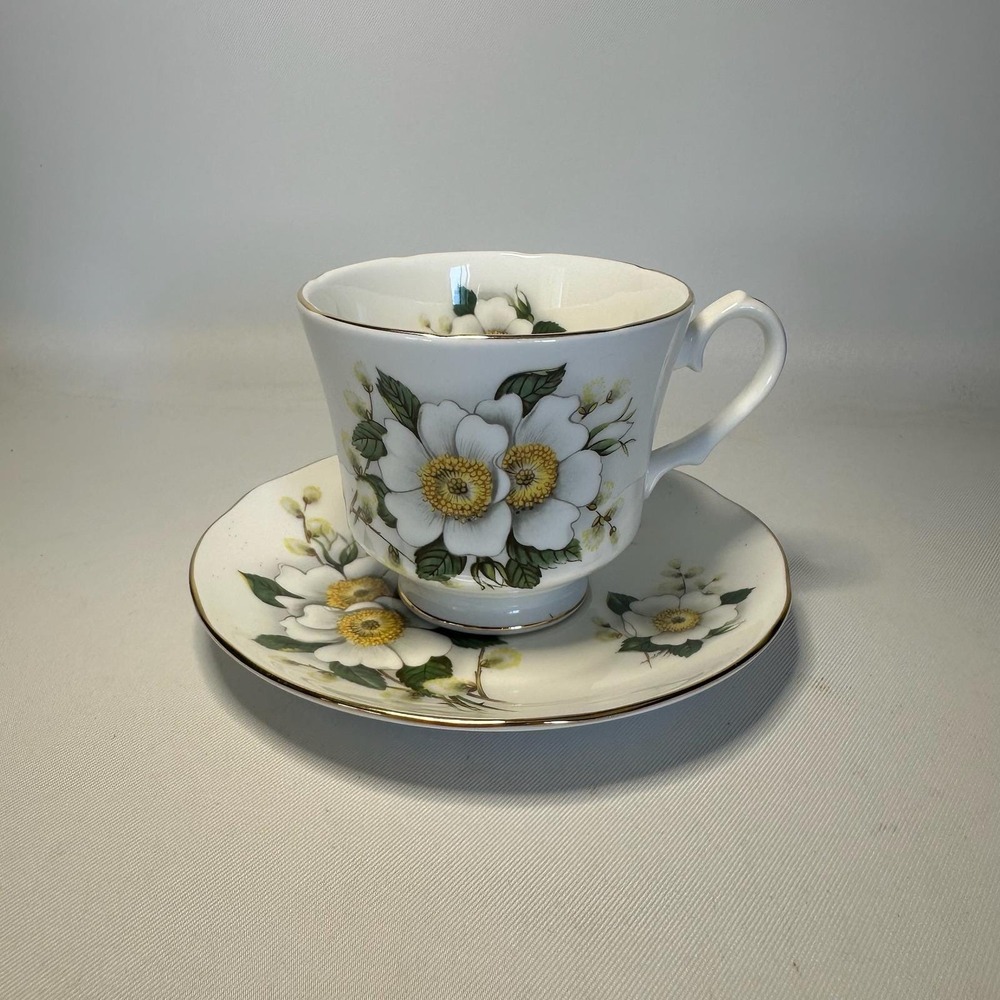 Vintage Dutchess White Begonia Flowers Teacup and Saucer Bone China Set England